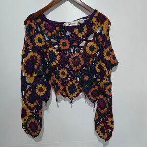 Body Exteriors Women's Multicolor Floral Crochet Pullover Sweater Medium